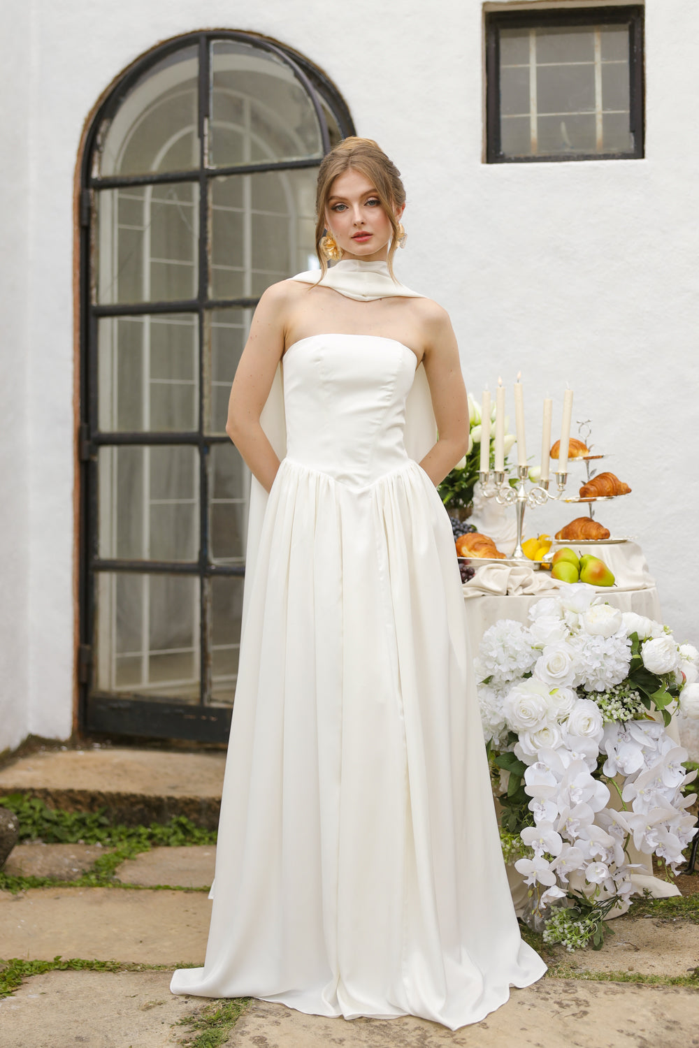 CLEO Strapless Drop Waist Maxi with Covered Button Back Detail and Sash Neckpiece (White Korean Silk) SAME DAY DELIVERY - SMALL