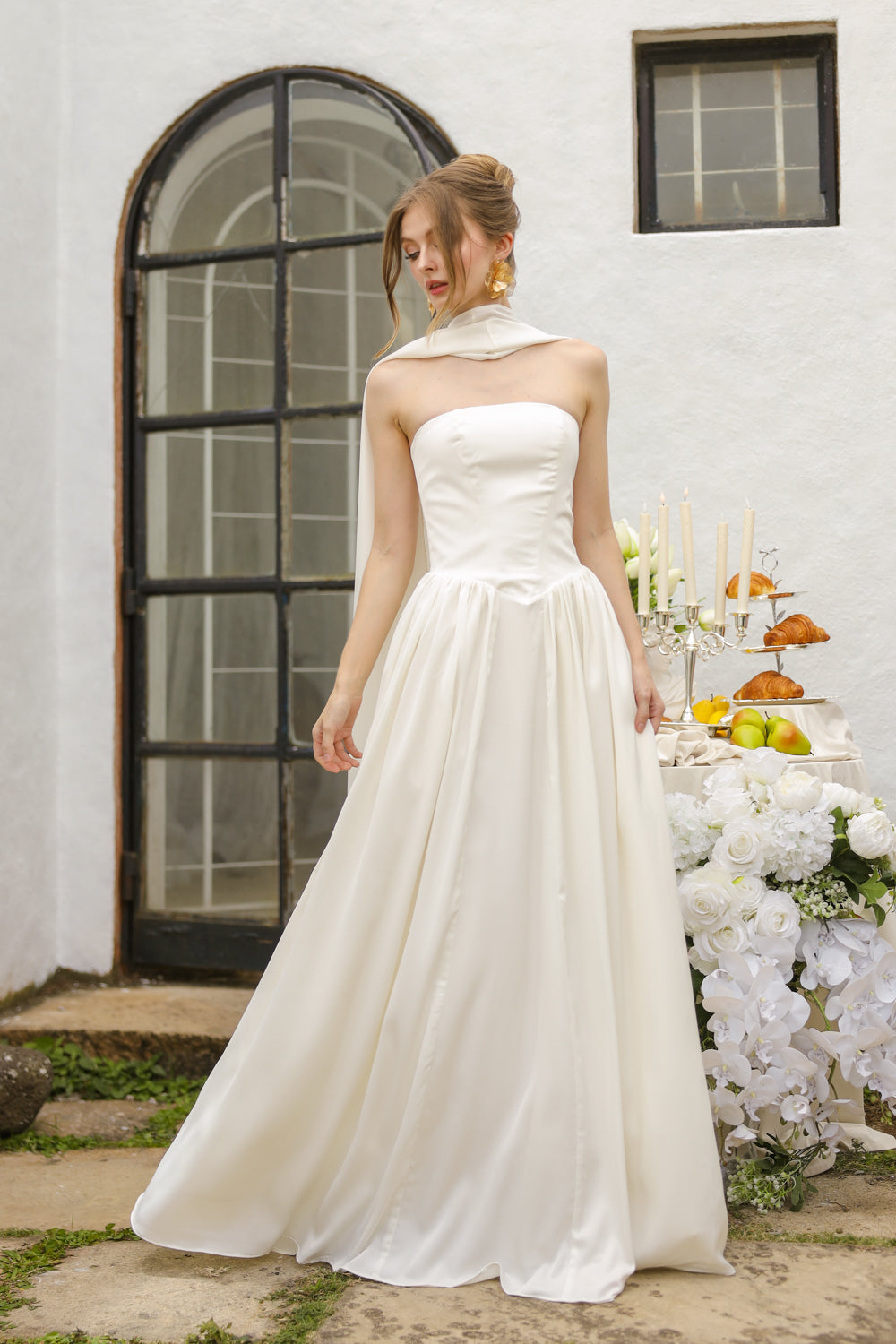 CLEO Strapless Drop Waist Maxi with Covered Button Back Detail and Sash Neckpiece (White Korean Silk) SAME DAY DELIVERY - SMALL