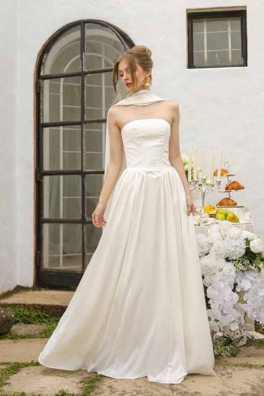 CLEO Strapless Drop Waist Maxi with Covered Button Back Detail and Sash Neckpiece (White Korean Silk)