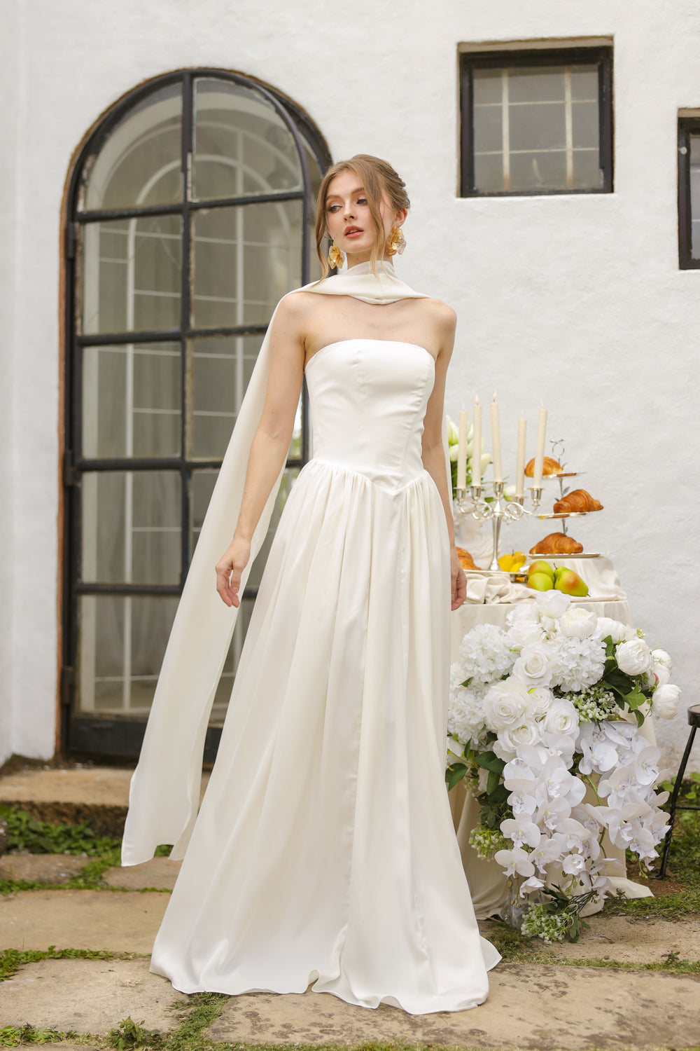 CLEO Strapless Drop Waist Maxi with Covered Button Back Detail and Sash Neckpiece (White Korean Silk) SAME DAY DELIVERY - SMALL