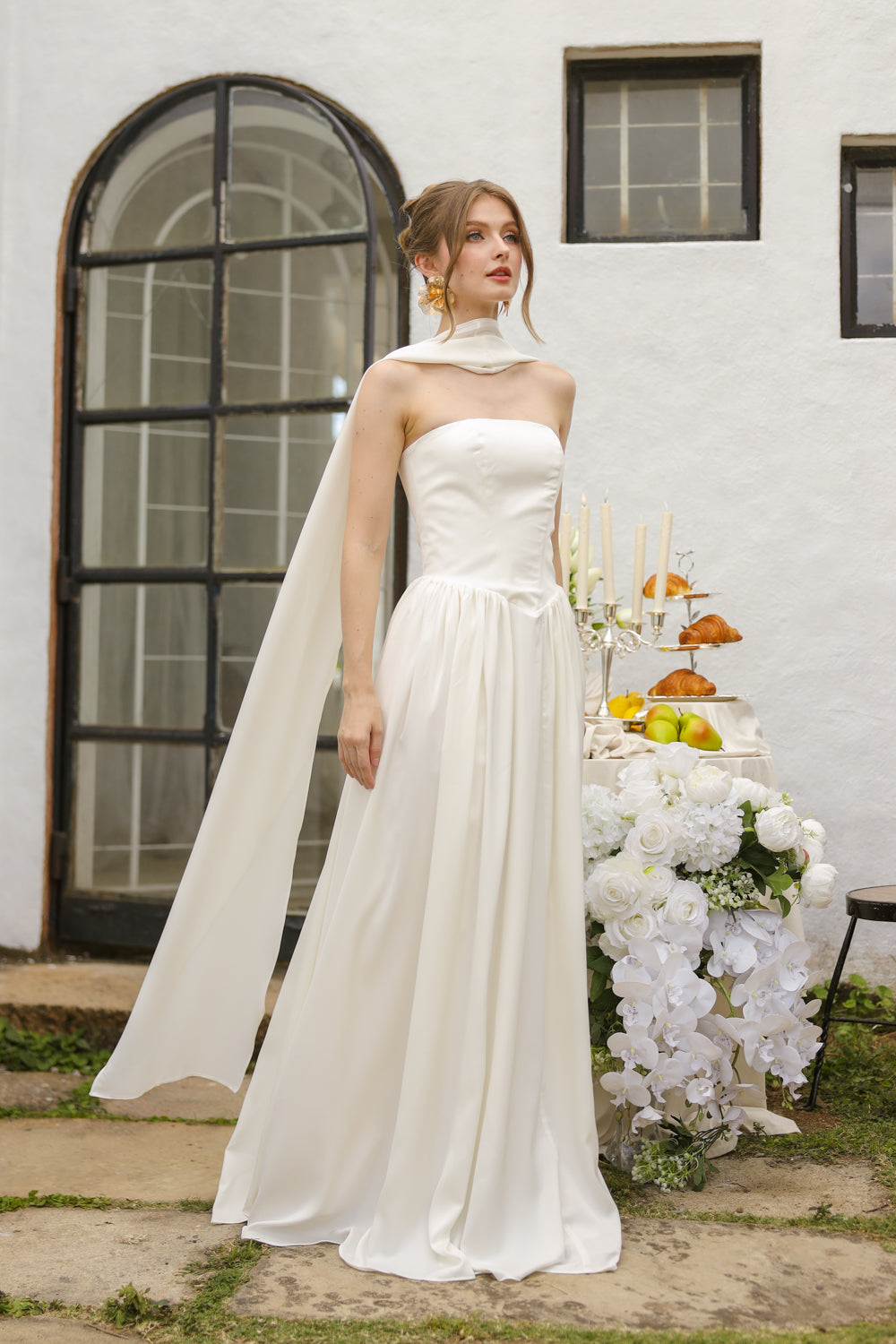 CLEO Strapless Drop Waist Maxi with Covered Button Back Detail and Sash Neckpiece (White Korean Silk) SAME DAY DELIVERY - SMALL