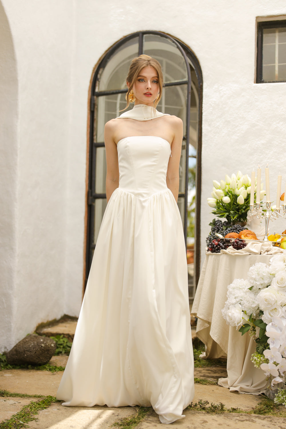 CLEO Strapless Drop Waist Maxi with Covered Button Back Detail and Sash Neckpiece (White Korean Silk) SAME DAY DELIVERY - SMALL