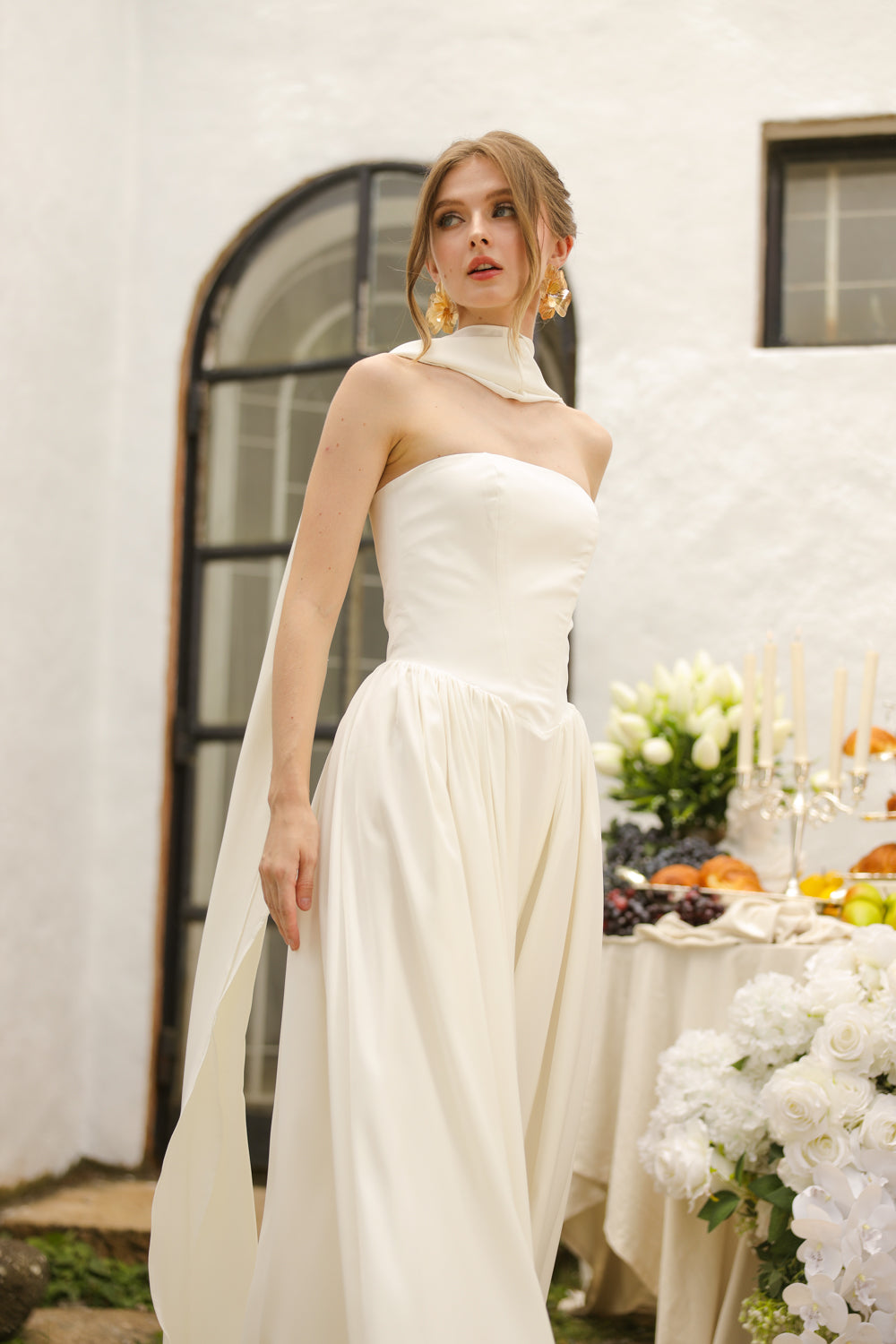 CLEO Strapless Drop Waist Maxi with Covered Button Back Detail and Sash Neckpiece (White Korean Silk) SAME DAY DELIVERY - SMALL