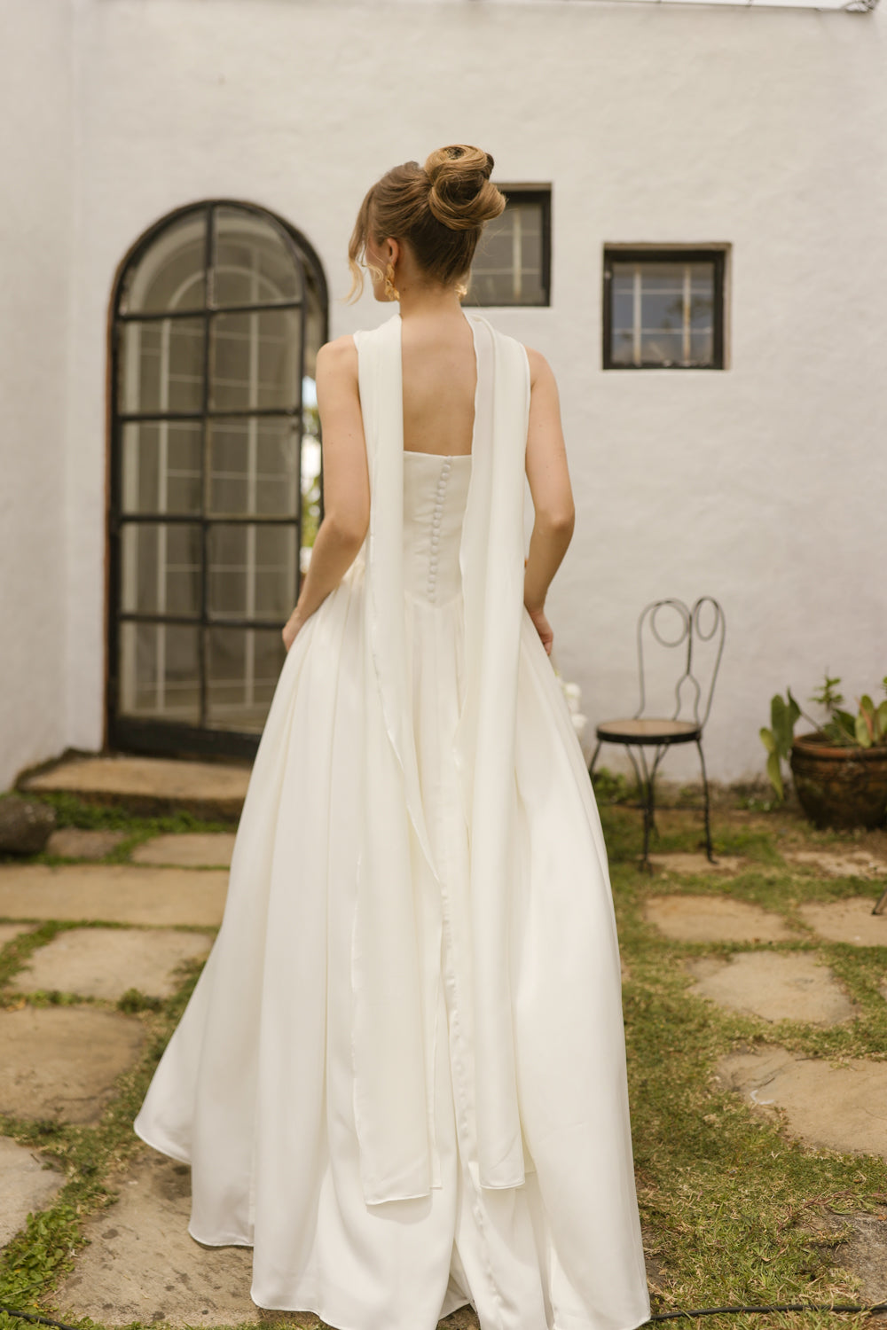 CLEO Strapless Drop Waist Maxi with Covered Button Back Detail and Sash Neckpiece (White Korean Silk) SAME DAY DELIVERY - SMALL