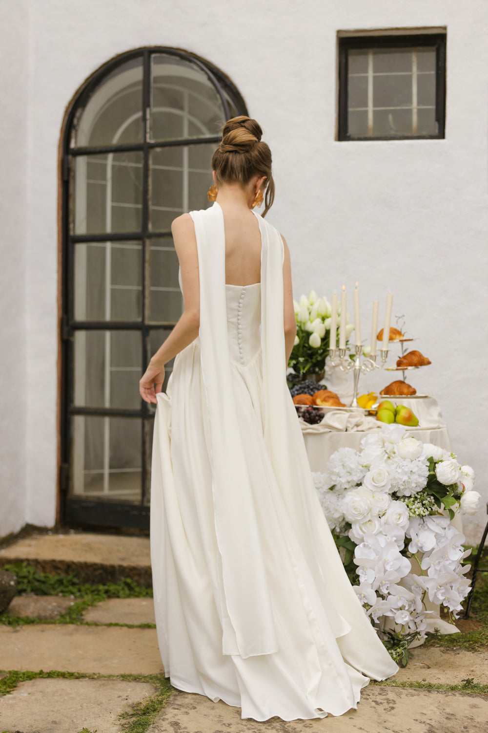 CLEO Strapless Drop Waist Maxi with Covered Button Back Detail and Sash Neckpiece (White Korean Silk) SAME DAY DELIVERY - SMALL