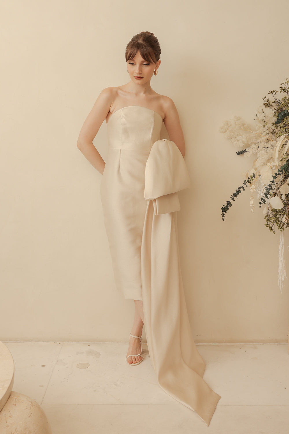 CORAZON Curve Neckline Pencil Skirt Midi Dress with Side Bow Trail (Li Zoo Label CORAZON Curve Neckline Pencil Skirt Midi Dress with Side Bow Trail (Li Zoo Label