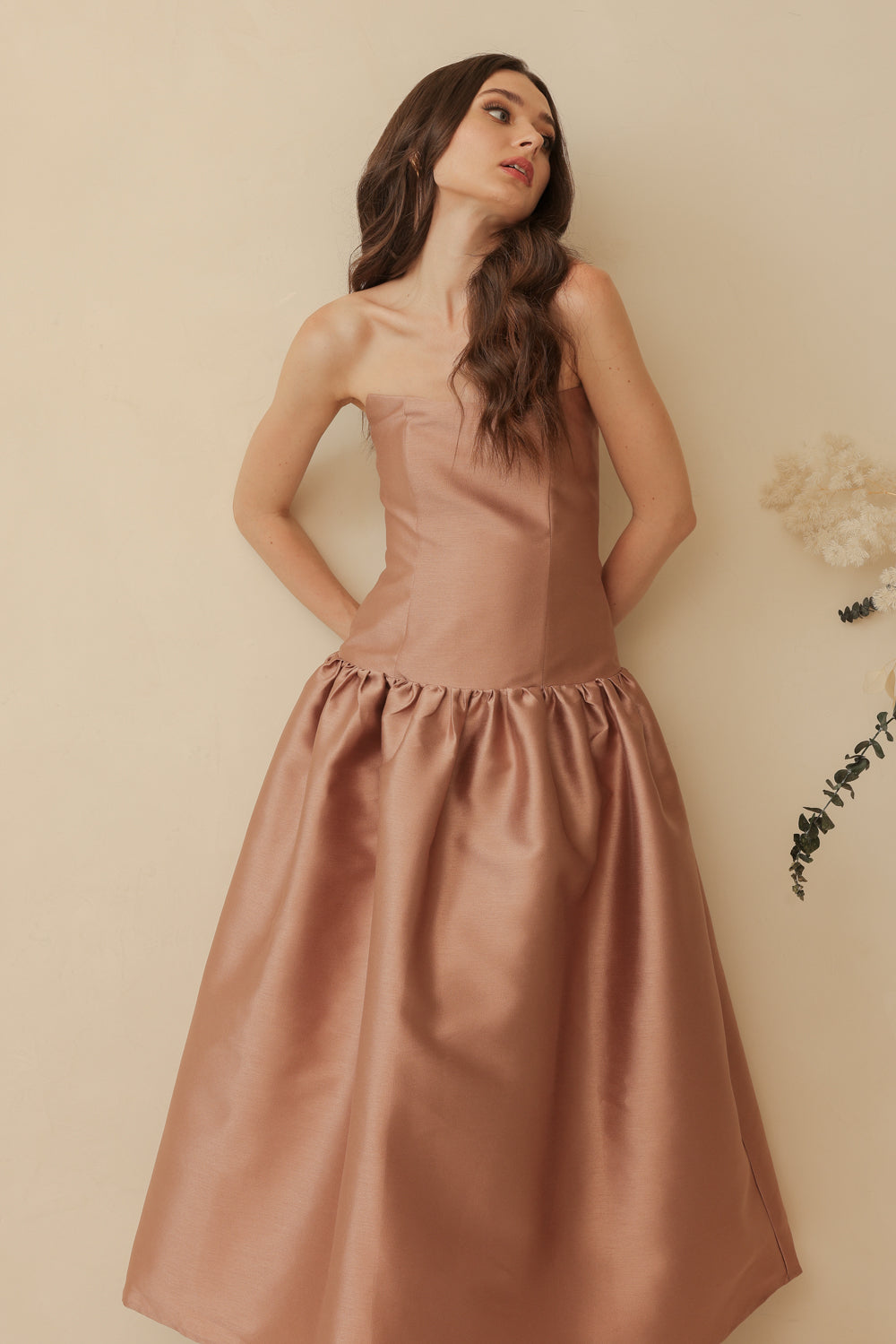 PROVENCE Strapless Drop Waist Midi Dress (Taupe Gazaar)