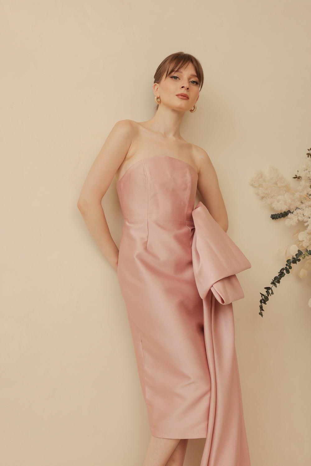 CORAZON Curve Neckline Pencil Skirt Midi Dress with Side Bow Trail (Old Rose Gazaar)