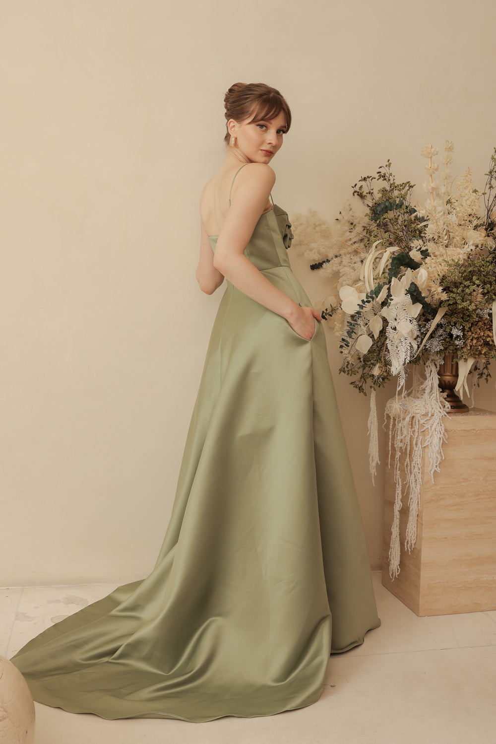 ADELINE Strappy Maxi Dress with Mini Trail and Pockets and Trio Floral Detail Olive Duchess Satin