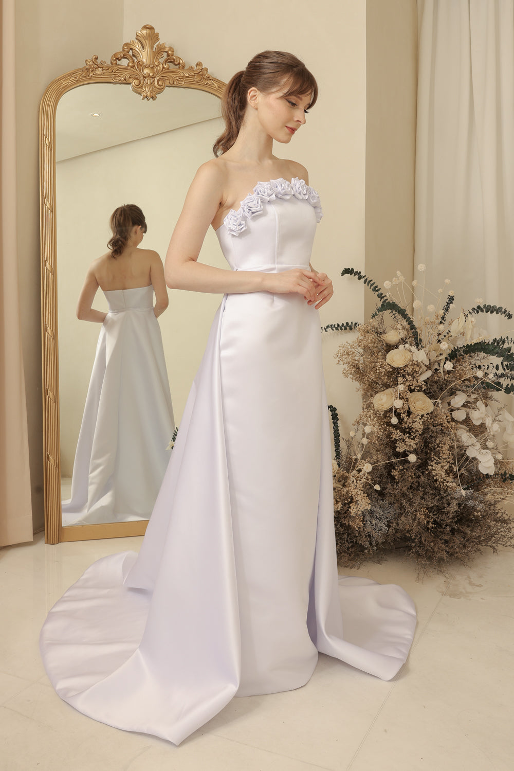 LEONORA GOWN Curve Neckline Maxi Dress with Full Floral Detail on Neckline and Detachable Trail Skirt (Ivory White Duchess Satin) SAME DAY DELIVERY - SMALL