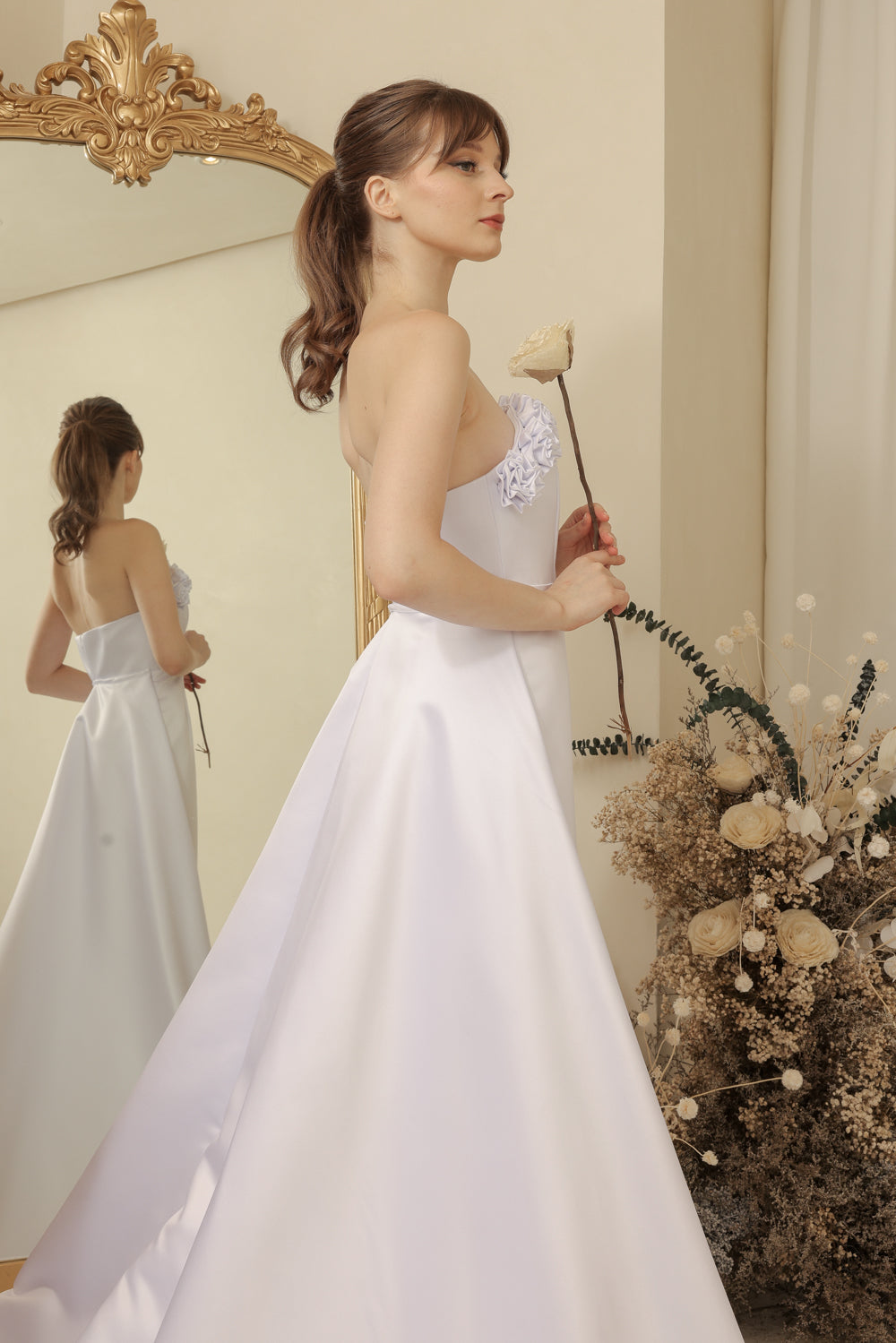 LEONORA GOWN Curve Neckline Maxi Dress with Full Floral Detail on Neckline and Detachable Trail Skirt (Ivory White Duchess Satin) SAME DAY DELIVERY - SMALL