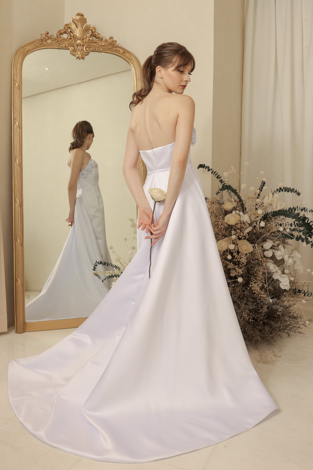 LEONORA GOWN Curve Neckline Maxi Dress with Full Floral Detail on Neckline and Detachable Trail Skirt (Ivory White Duchess Satin) SAME DAY DELIVERY - SMALL