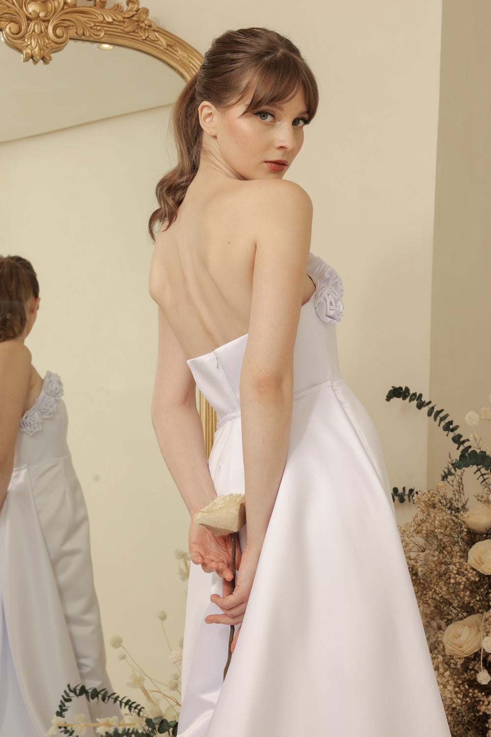 LEONORA GOWN Curve Neckline Maxi Dress with Full Floral Detail on Neckline and Detachable Trail Skirt (Ivory White Duchess Satin) SAME DAY DELIVERY - SMALL