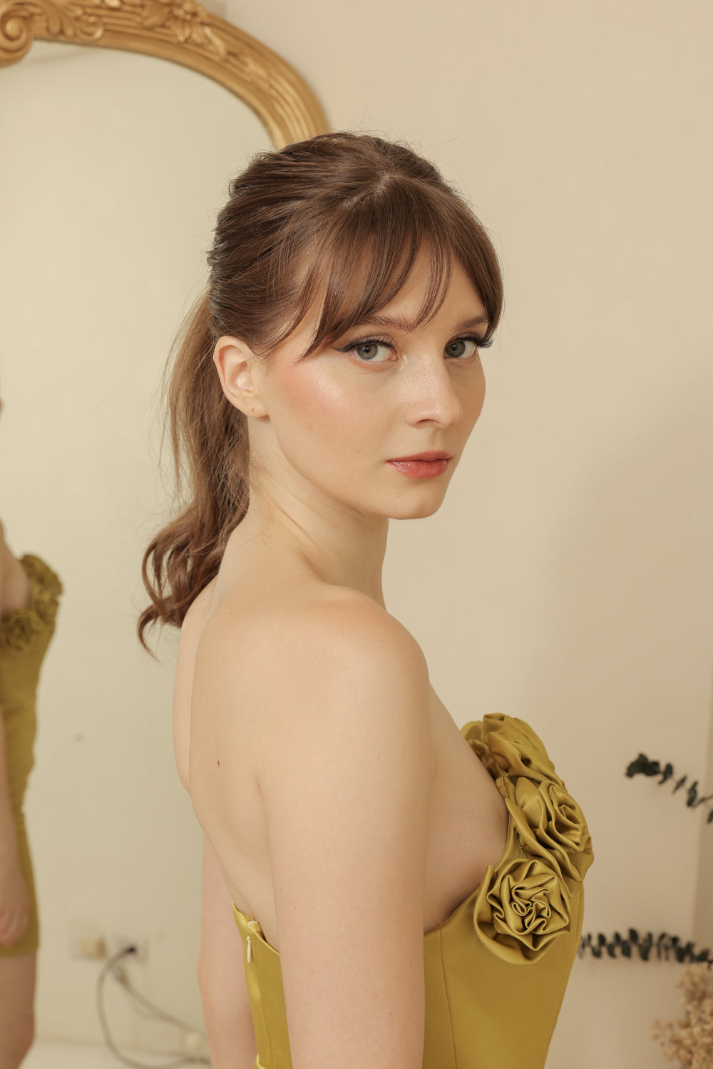 ALIZEE Curve Neckline Mini Dress with Full Floral Detail on Neckline (Lime Green Duchess Satin)