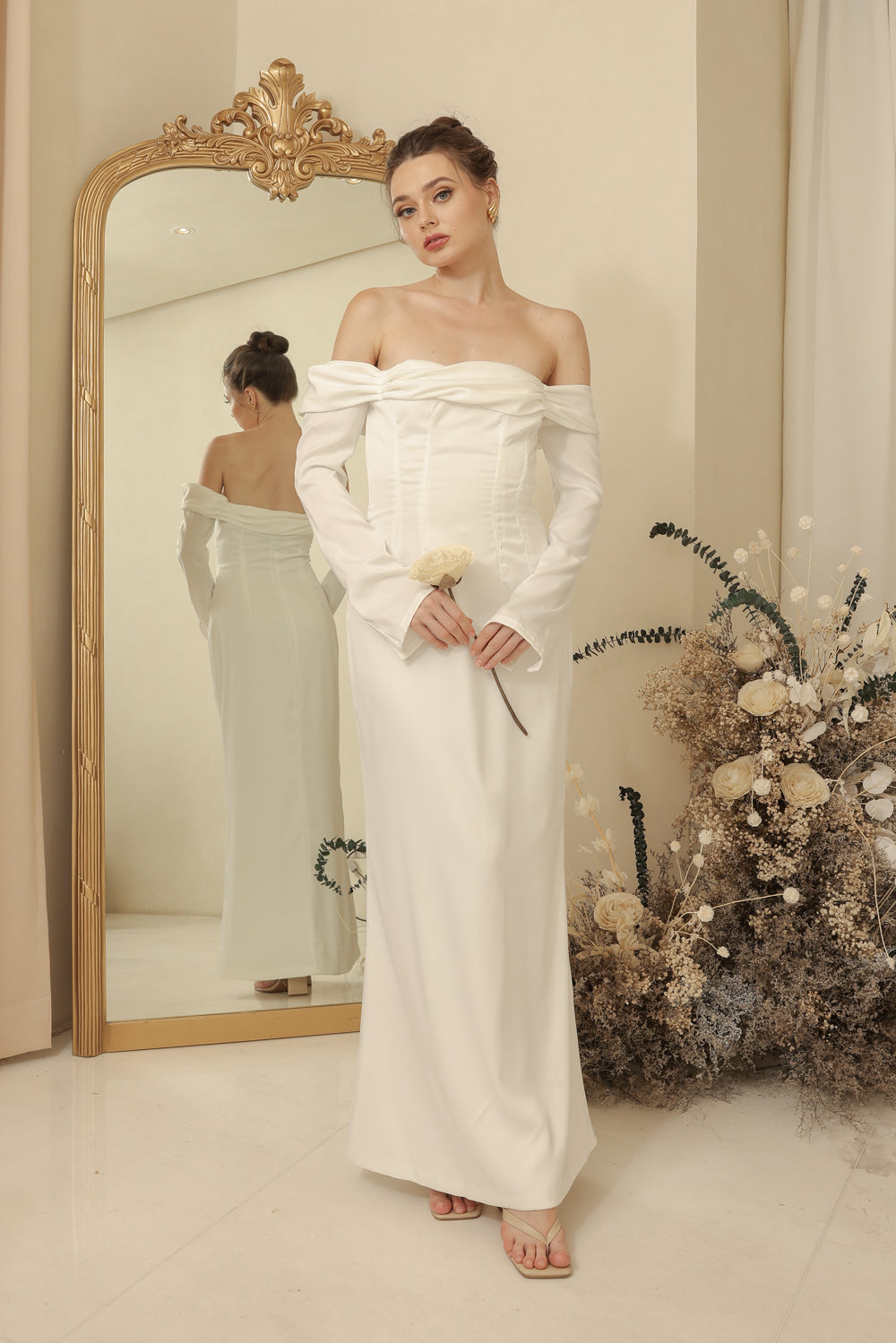 PARIS Off Shoulder Sleeve Maxi Dress (Ivory White Silk Crepe) Zoo Label PARIS Off Shoulder Sleeve Maxi Dress (Ivory White Silk Crepe) Zoo Label