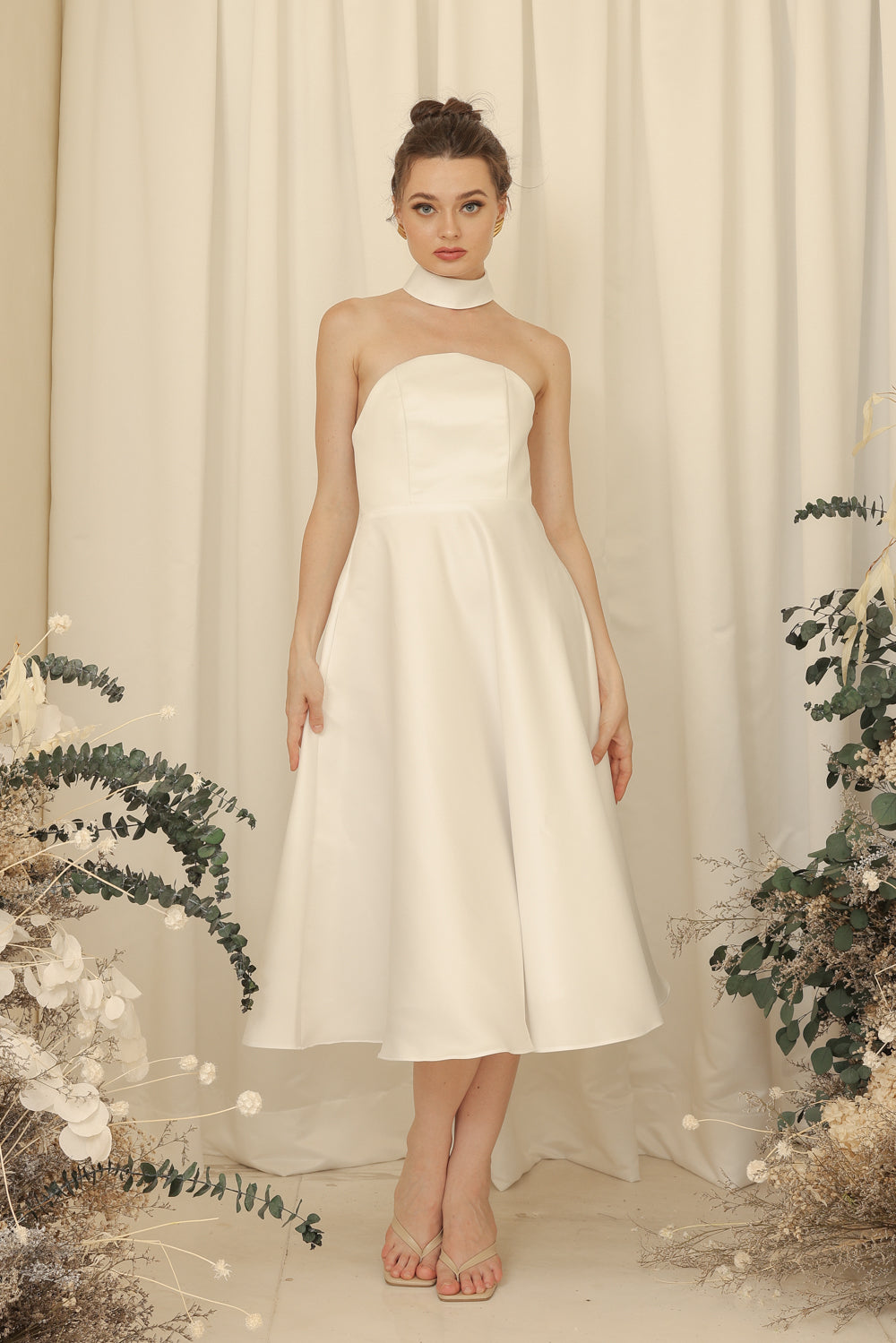 BRIELLE Curve Neckline Midi Dress with Full Covered Button Back and Tie Neckpiece Ivory White Duchess Satin