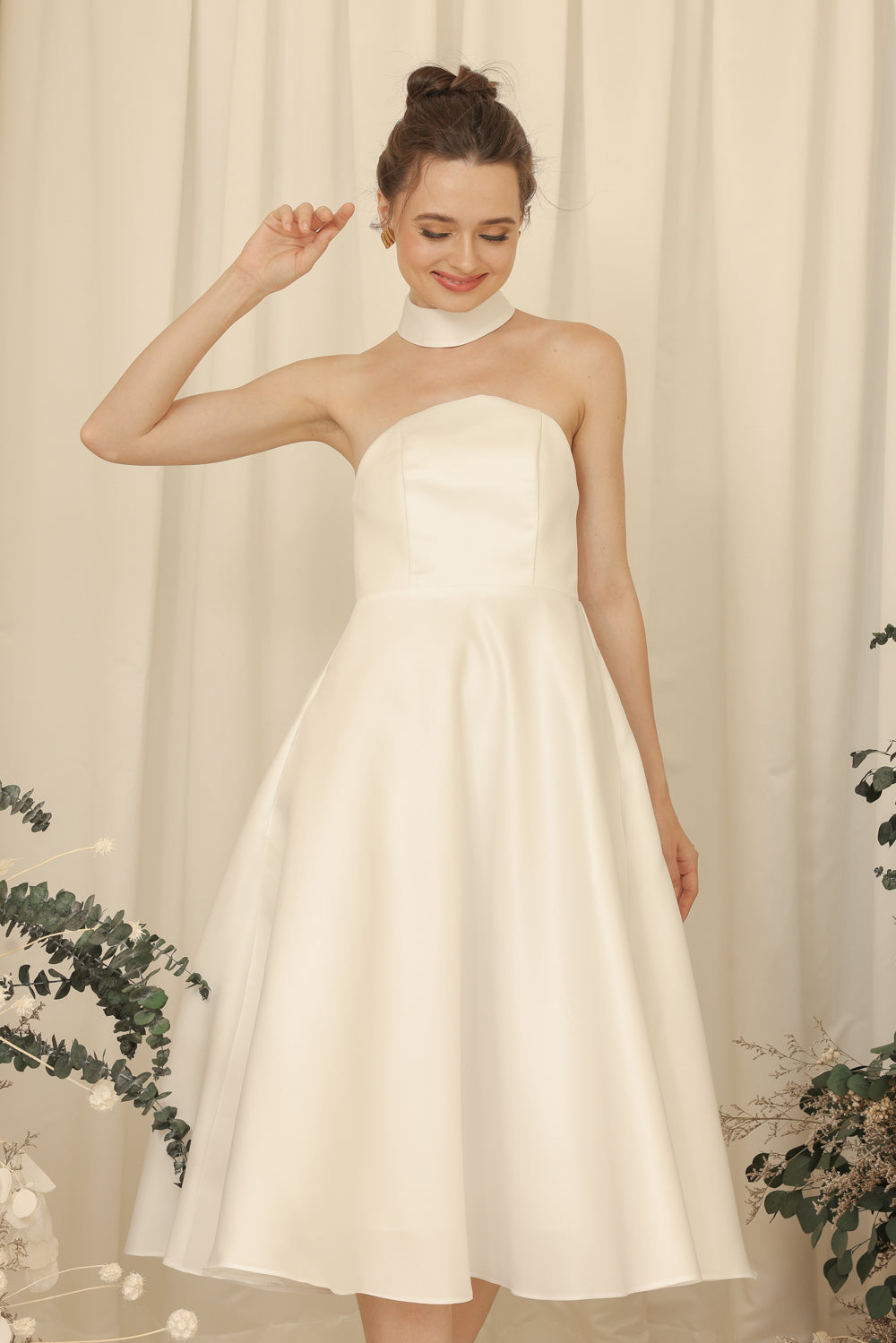 BRIELLE Curve Neckline Midi Dress with Full Covered Button Back and Tie Neckpiece (Ivory White Duchess Satin)