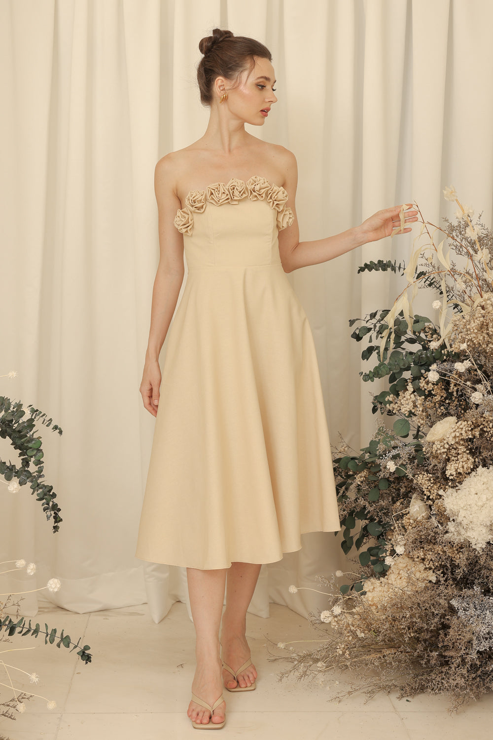 ANTHEA Curve Neckline Midi Dress with Full Floral Details on Neckline (Light Nude Linen Blend)