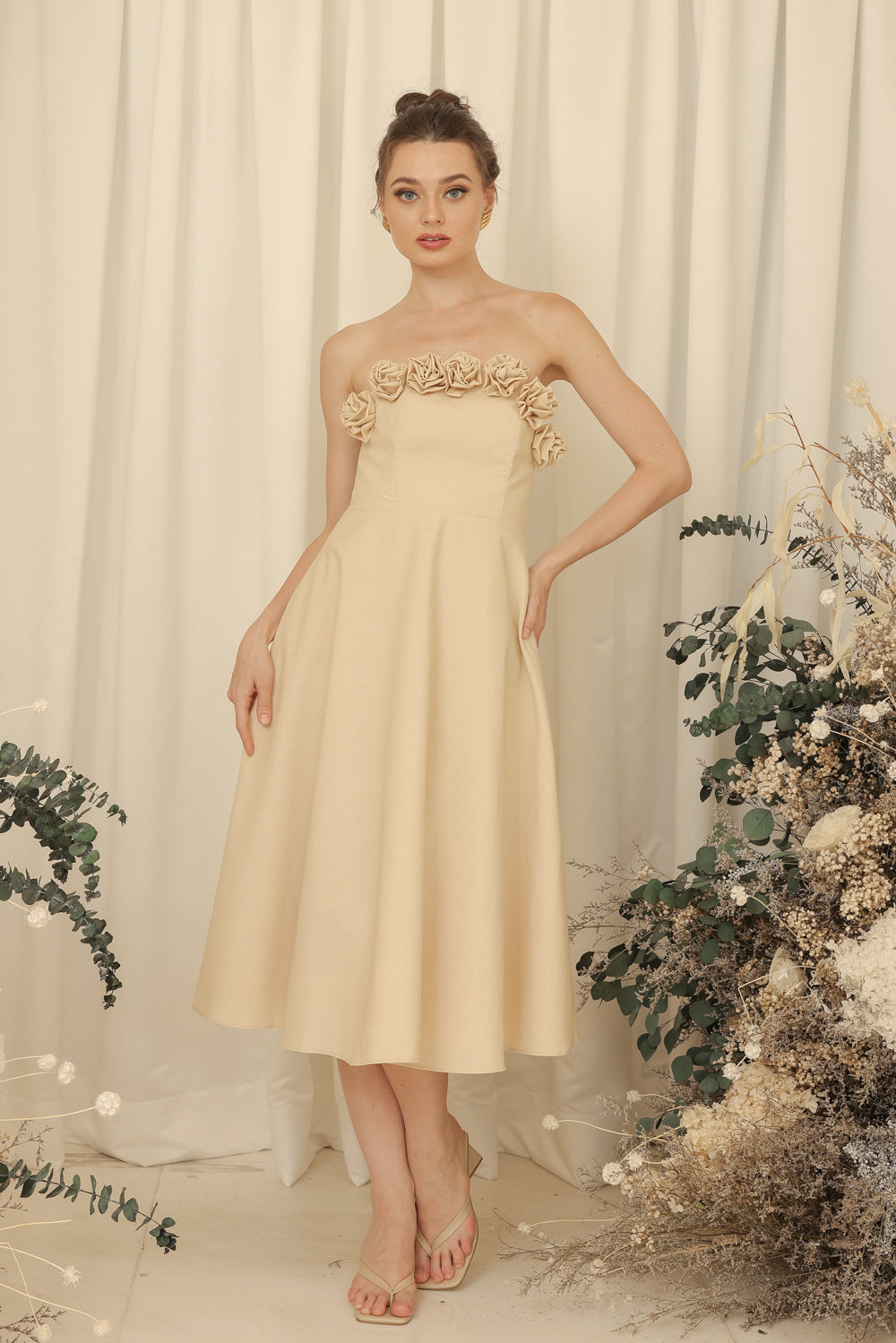 ANTHEA Curve Neckline Midi Dress with Full Floral Details on Neckline (Light Nude Linen Blend)