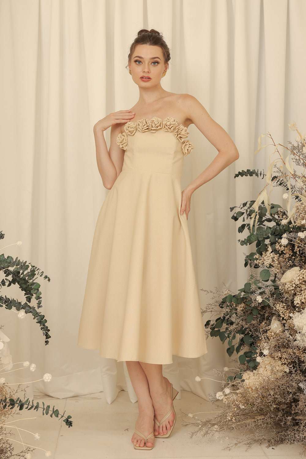 ANTHEA Curve Neckline Midi Dress with Full Floral Details on Neckline (Light Nude Linen Blend)