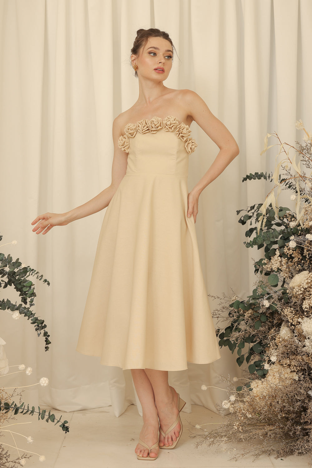 ANTHEA Curve Neckline Midi Dress with Full Floral Details on Neckline (Light Nude Linen Blend)