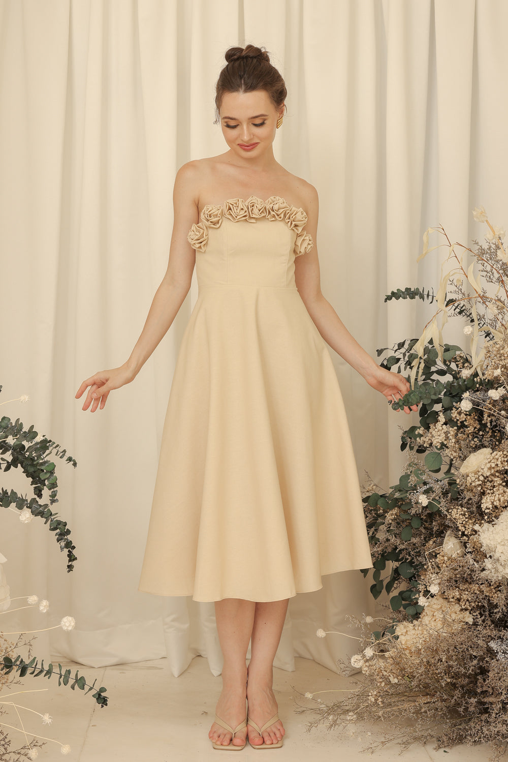 ANTHEA Curve Neckline Midi Dress with Full Floral Details on Neckline (Light Nude Linen Blend)