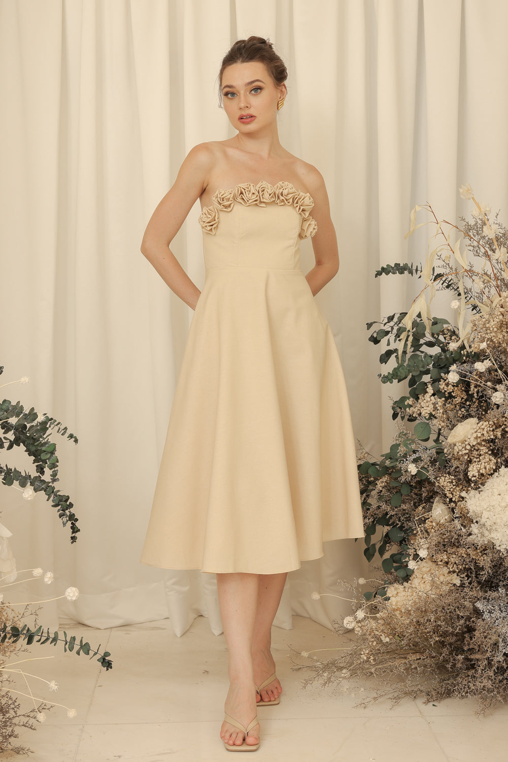 ANTHEA Curve Neckline Midi Dress with Full Floral Details on Neckline (Light Nude Linen Blend)