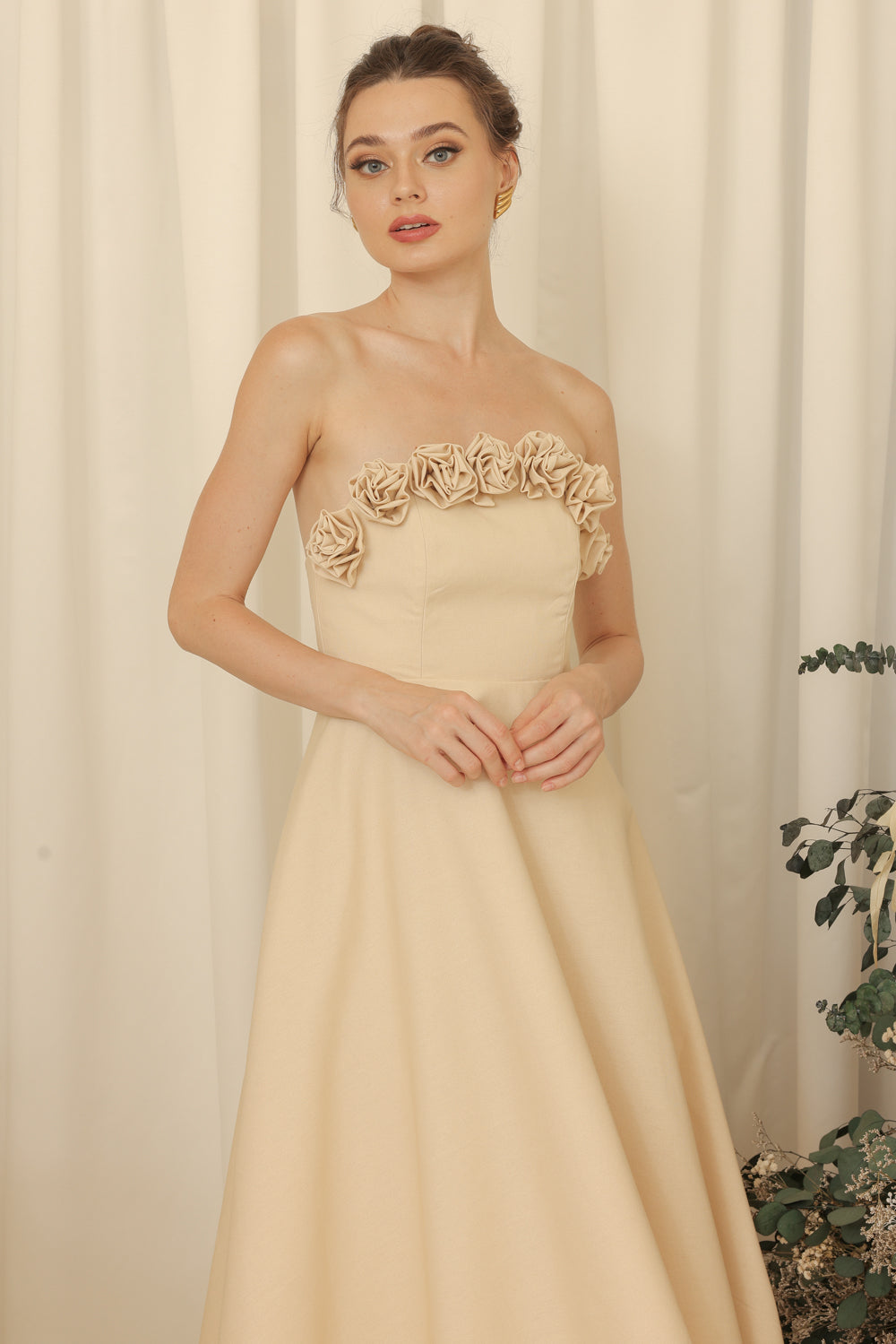ANTHEA Curve Neckline Midi Dress with Full Floral Details on Neckline (Light Nude Linen Blend)