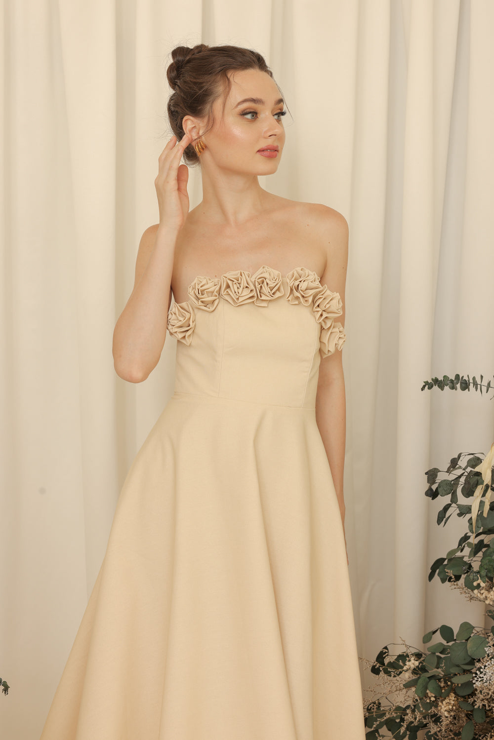 ANTHEA Curve Neckline Midi Dress with Full Floral Details on Neckline (Light Nude Linen Blend)