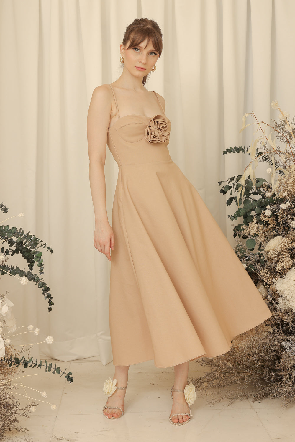 AIMEE Strappy Midi Dress with Pockets and Trio Floral Detail (Light Tan Linen Blend)