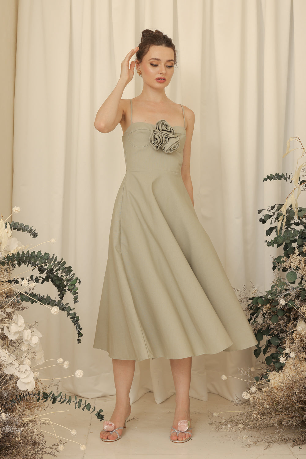 AIMEE Strappy Midi Dress with Pockets and Trio Floral Detail (Light Sage Linen Blend)