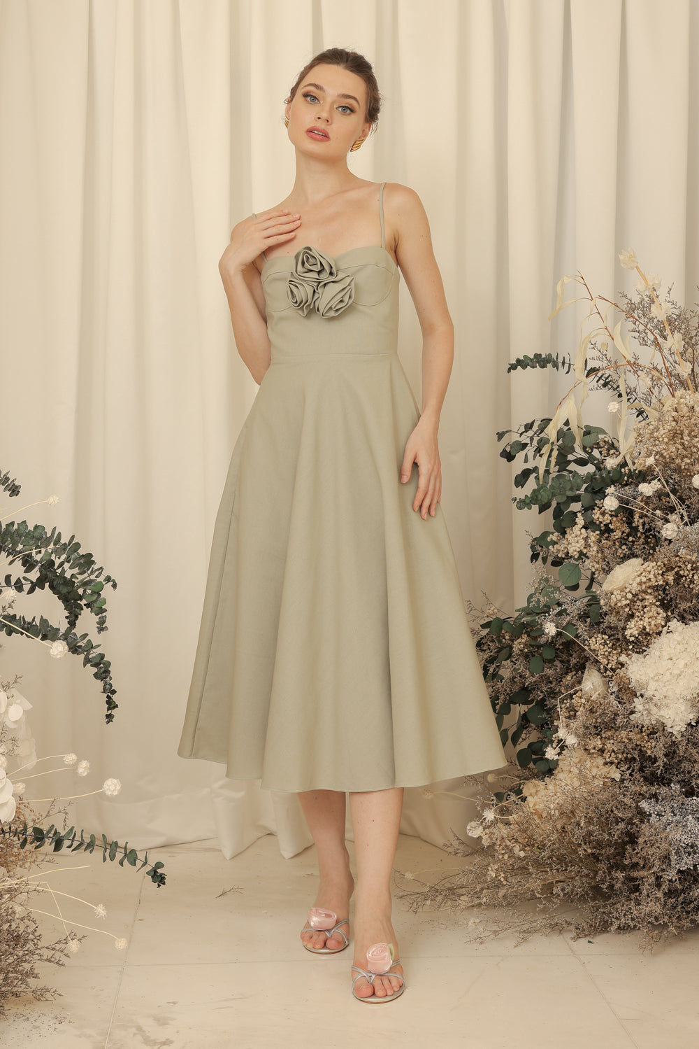 AIMEE Strappy Midi Dress with Pockets and Trio Floral Detail (Light Sage Linen Blend)