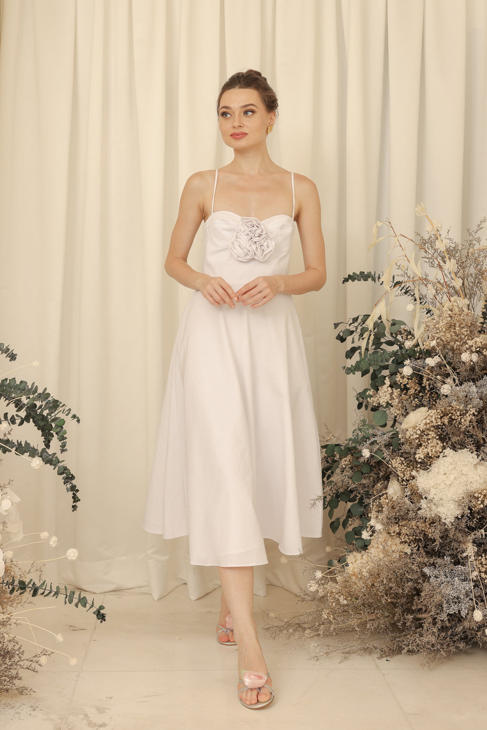 AIMEE Strappy Midi Dress with Pockets and Trio Floral Detail (Ivory White Linen Blend) SAME DAY DELIVERY - SMALL