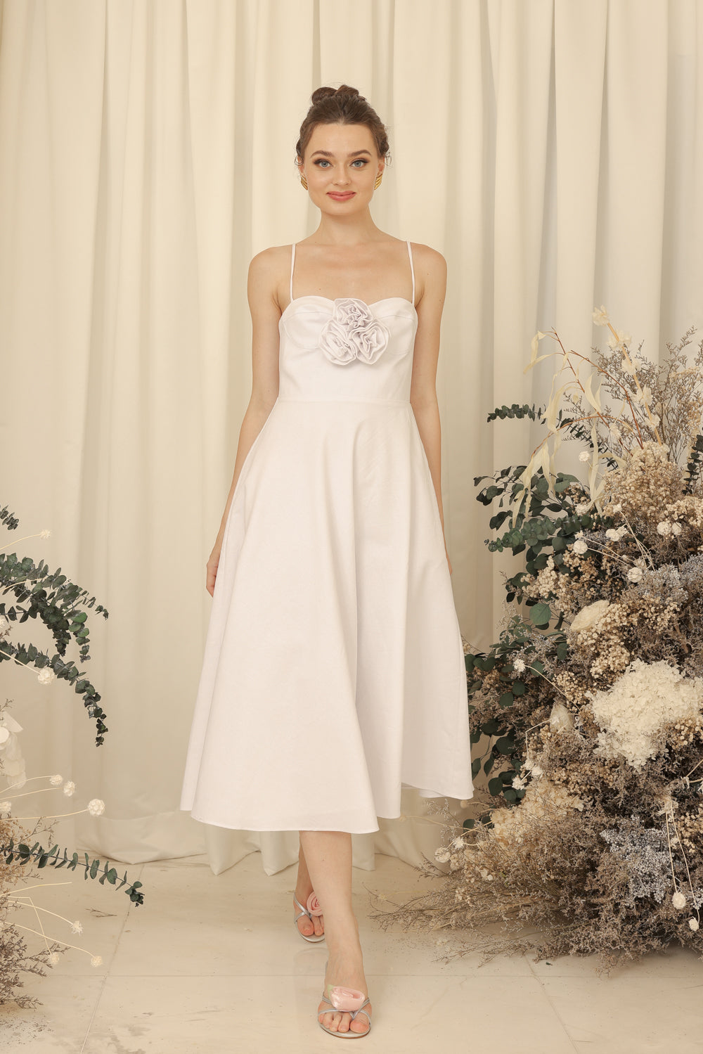 AIMEE Strappy Midi Dress with Pockets and Trio Floral Detail (Ivory White Linen Blend) SAME DAY DELIVERY - SMALL