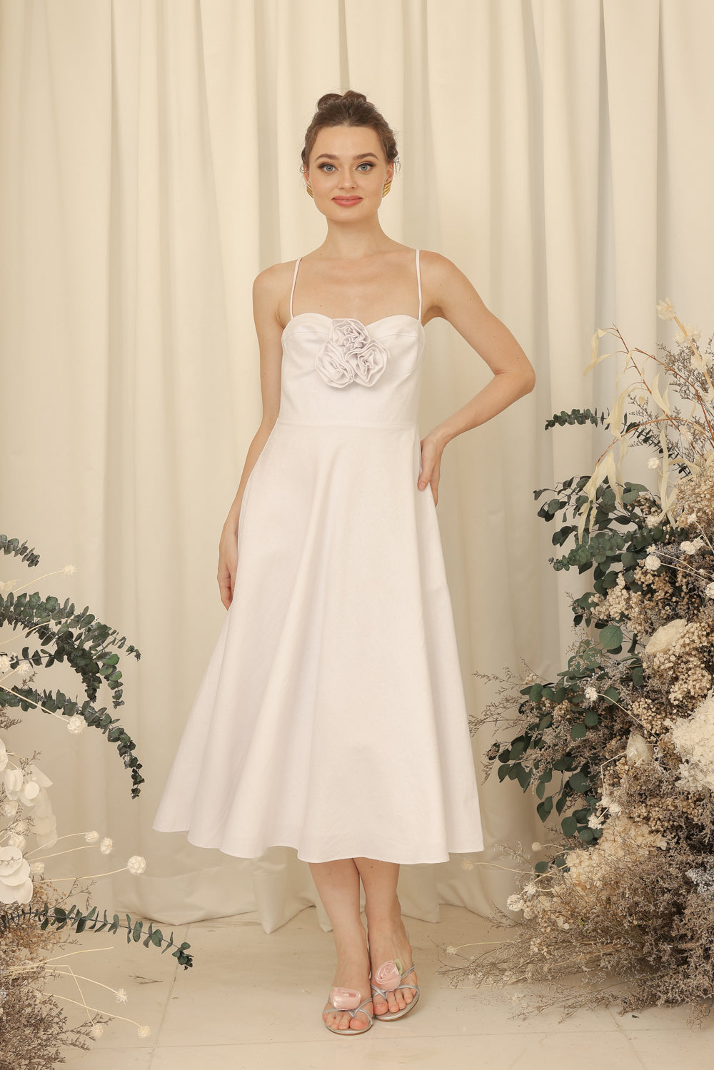 AIMEE Strappy Midi Dress with Pockets and Trio Floral Detail (Ivory White Linen Blend) SAME DAY DELIVERY - SMALL