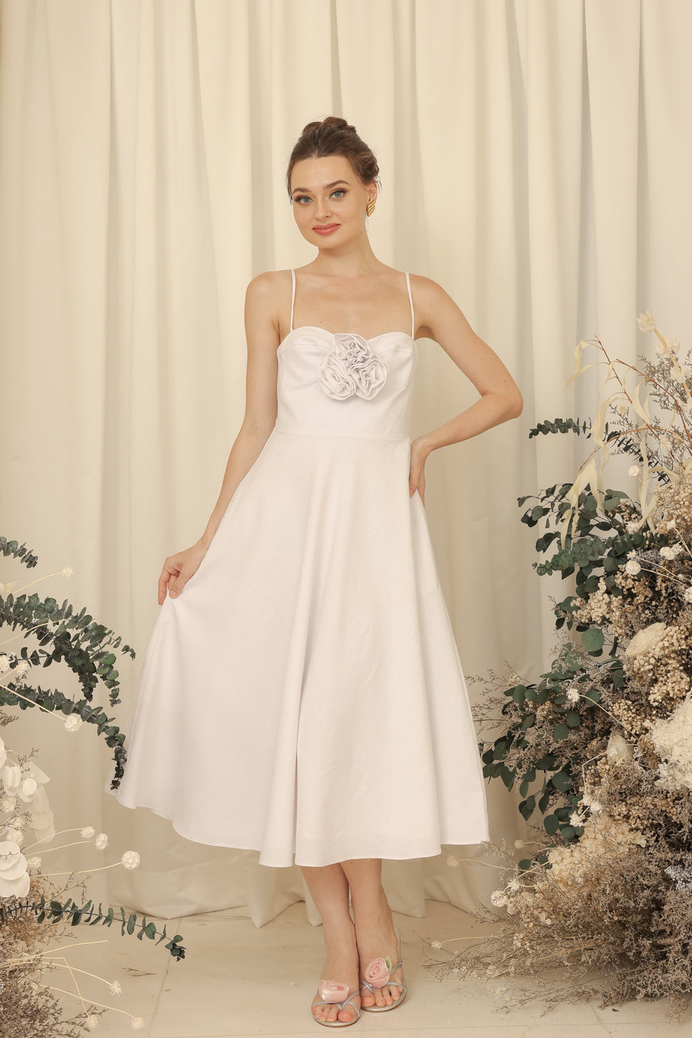 AIMEE Strappy Midi Dress with Pockets and Trio Floral Detail (Ivory White Linen Blend) SAME DAY DELIVERY - SMALL