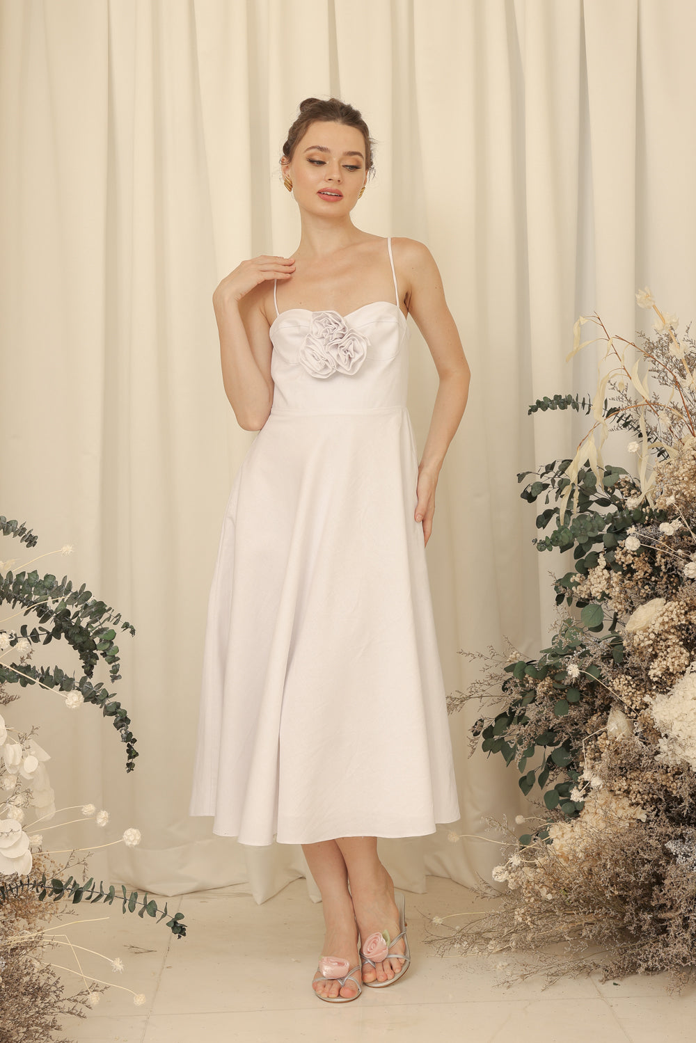 AIMEE Strappy Midi Dress with Pockets and Trio Floral Detail (Ivory White Linen Blend) SAME DAY DELIVERY - SMALL