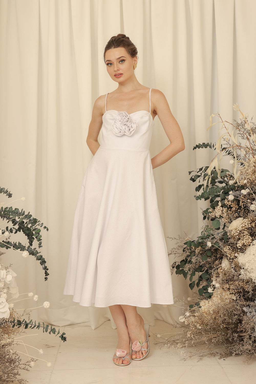 AIMEE Strappy Midi Dress with Pockets and Trio Floral Detail (Ivory White Linen Blend) SAME DAY DELIVERY - SMALL