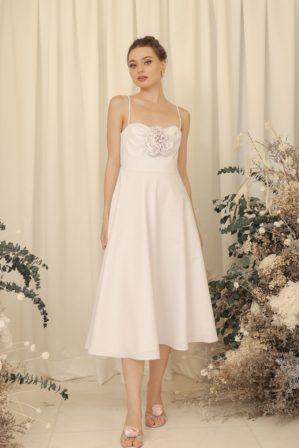 AIMEE Strappy Midi Dress with Pockets and Trio Floral Detail (Ivory White Linen Blend) SAME DAY DELIVERY - SMALL
