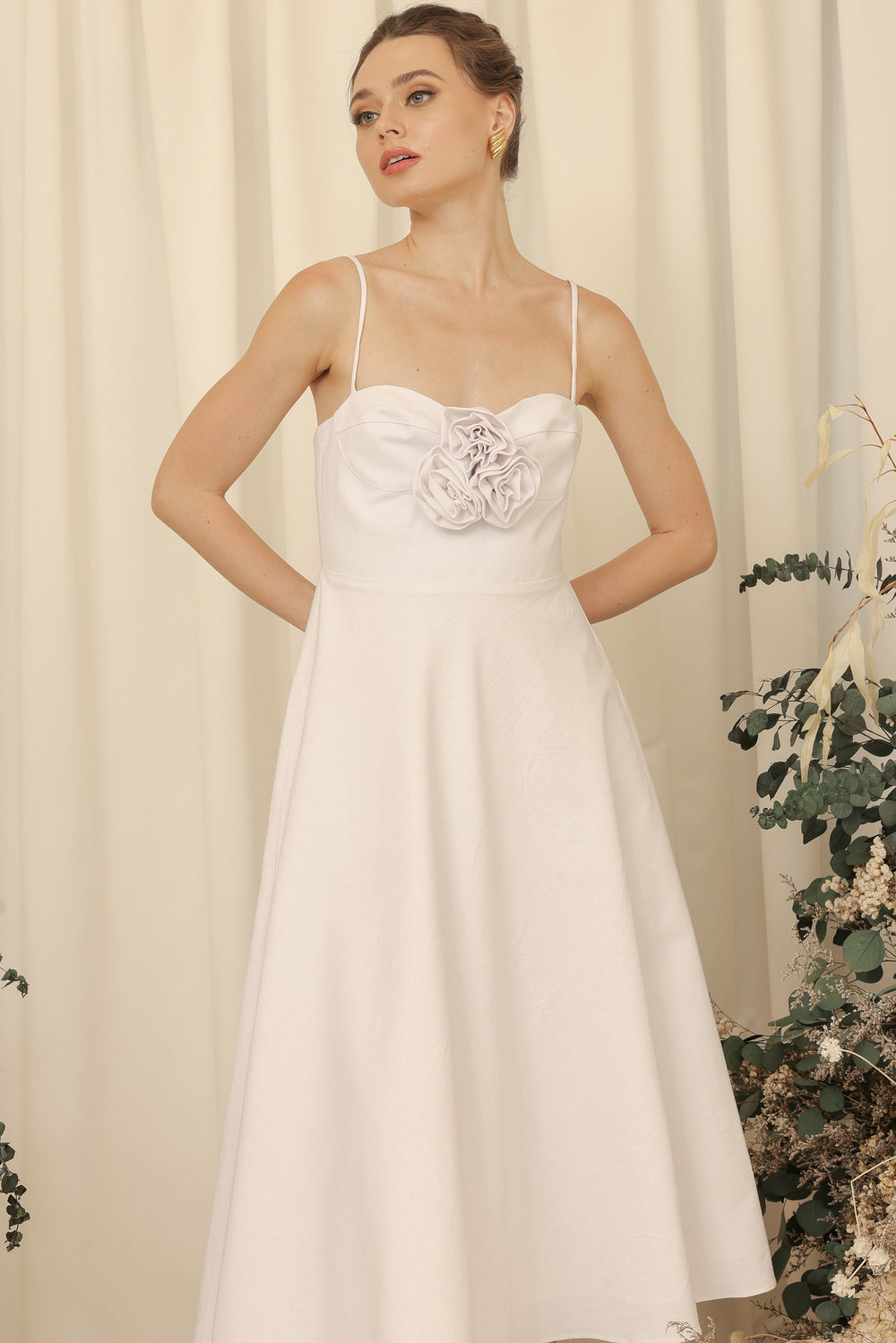AIMEE Strappy Midi Dress with Pockets and Trio Floral Detail (Ivory White Linen Blend) SAME DAY DELIVERY - SMALL