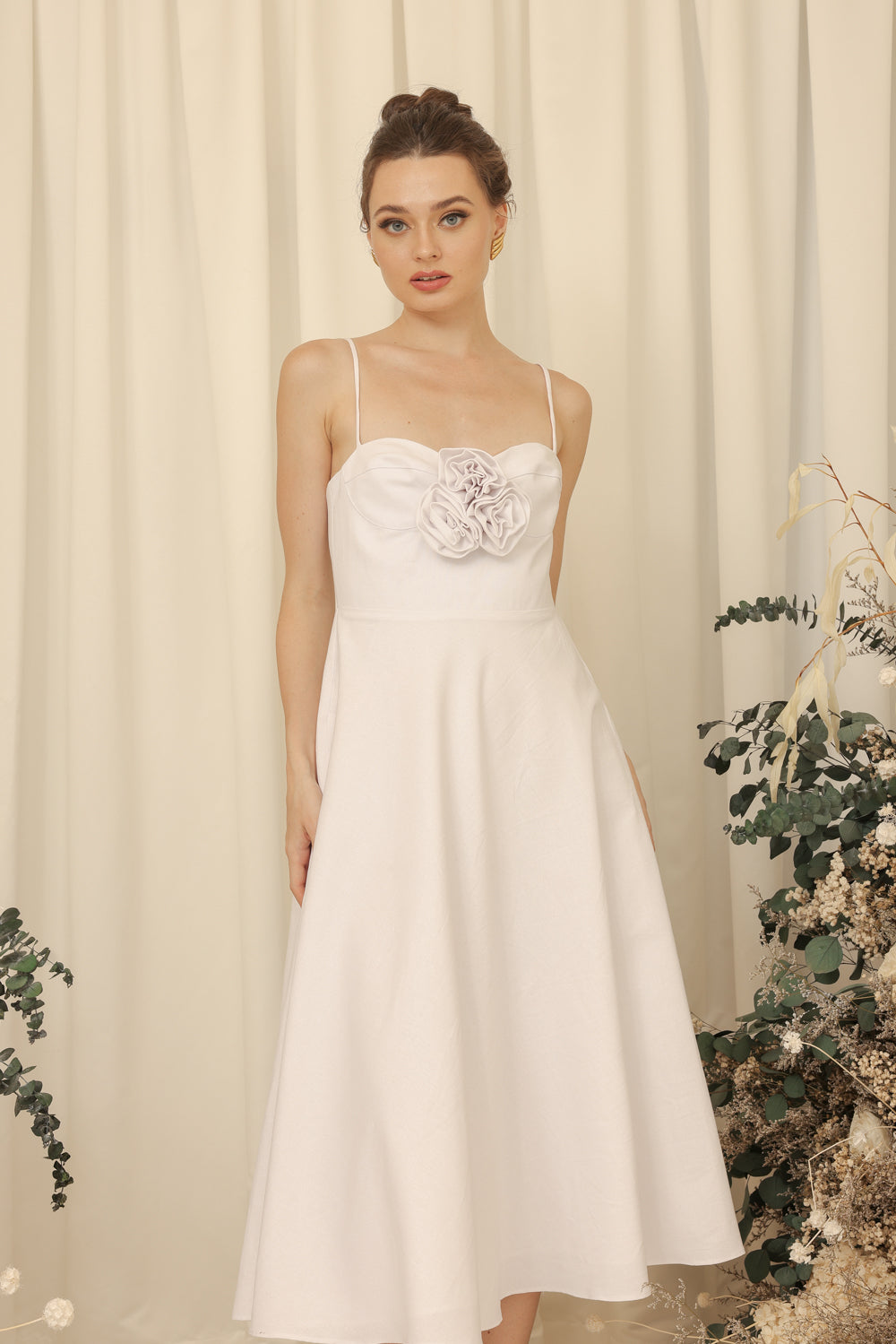 AIMEE Strappy Midi Dress with Pockets and Trio Floral Detail (Ivory White Linen Blend) SAME DAY DELIVERY - SMALL