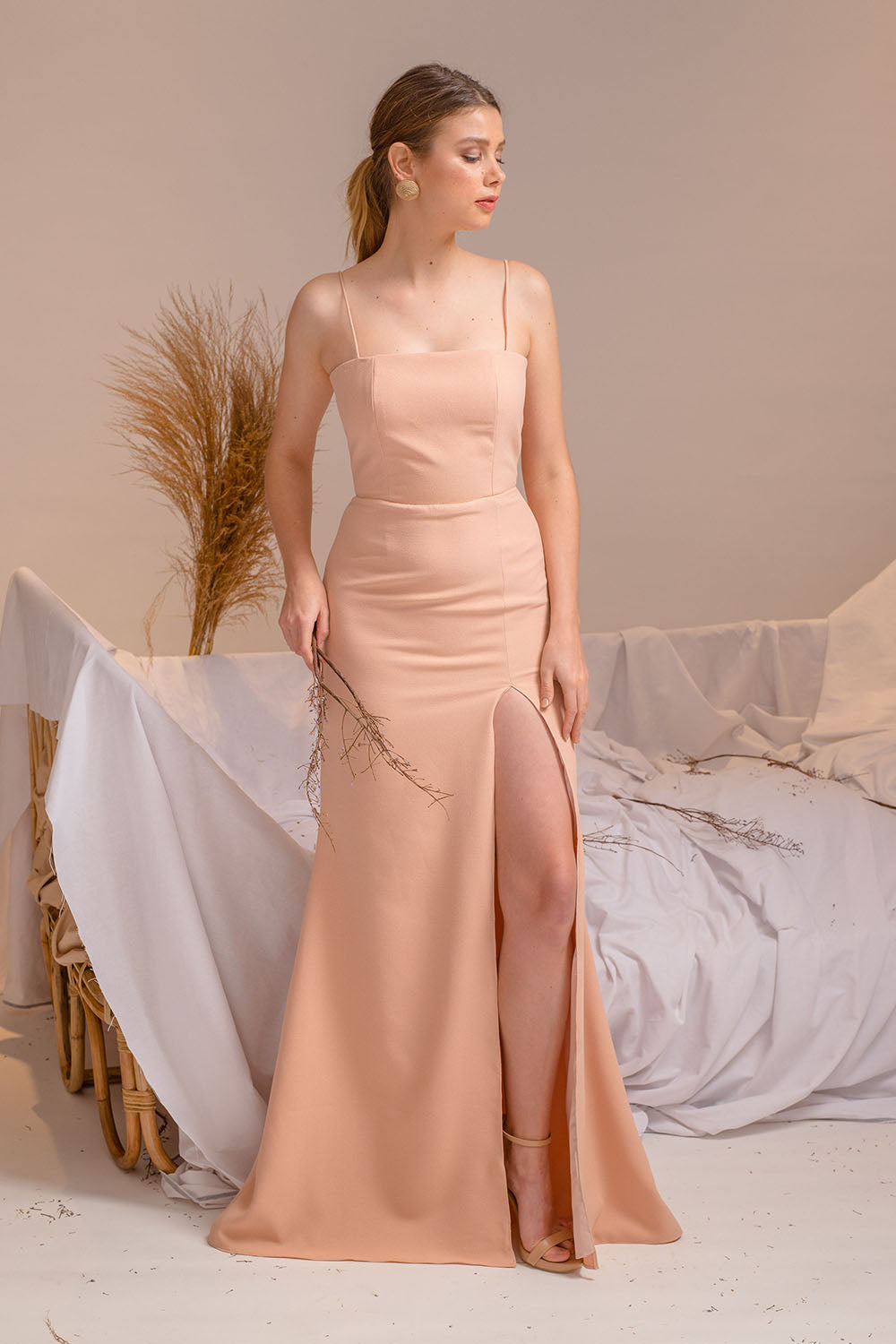FABIANA Strappy Straight Cut Neckline Maxi Dress with High Slit (Blush Pink Crepe) FABIANA Strappy Straight Cut Neckline Maxi Dress with High Slit (Blush Pink Crepe)