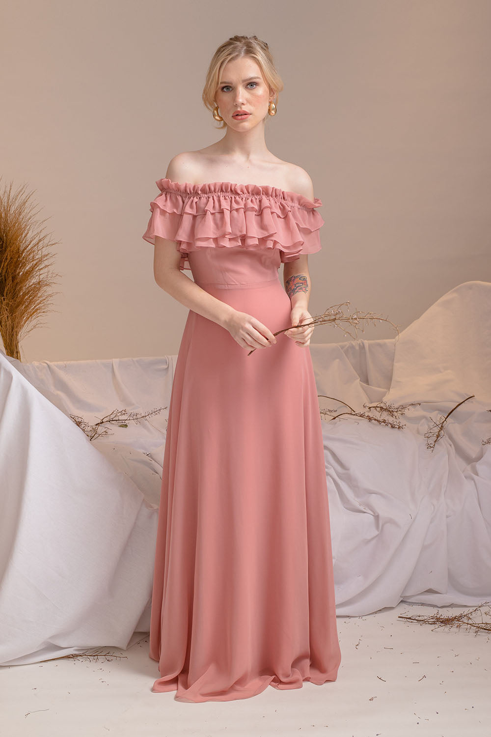 MAGDALENA Two Way Off Shoulder Chiffon Maxi Dress with Layered Ruffle  Detail (Old Rose Chiffon)