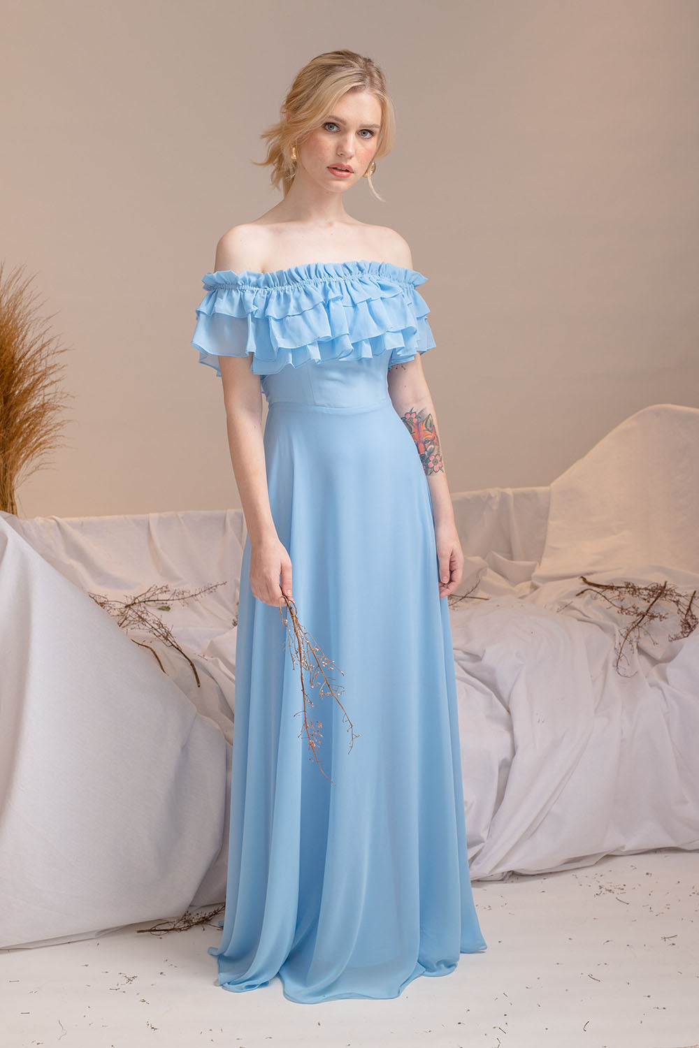 MAGDALENA Two Way Off Shoulder Chiffon Maxi Dress with Layered Ruffle Zoo Label MAGDALENA Two Way Off Shoulder Chiffon Maxi Dress with Layered Ruffle Zoo Label
