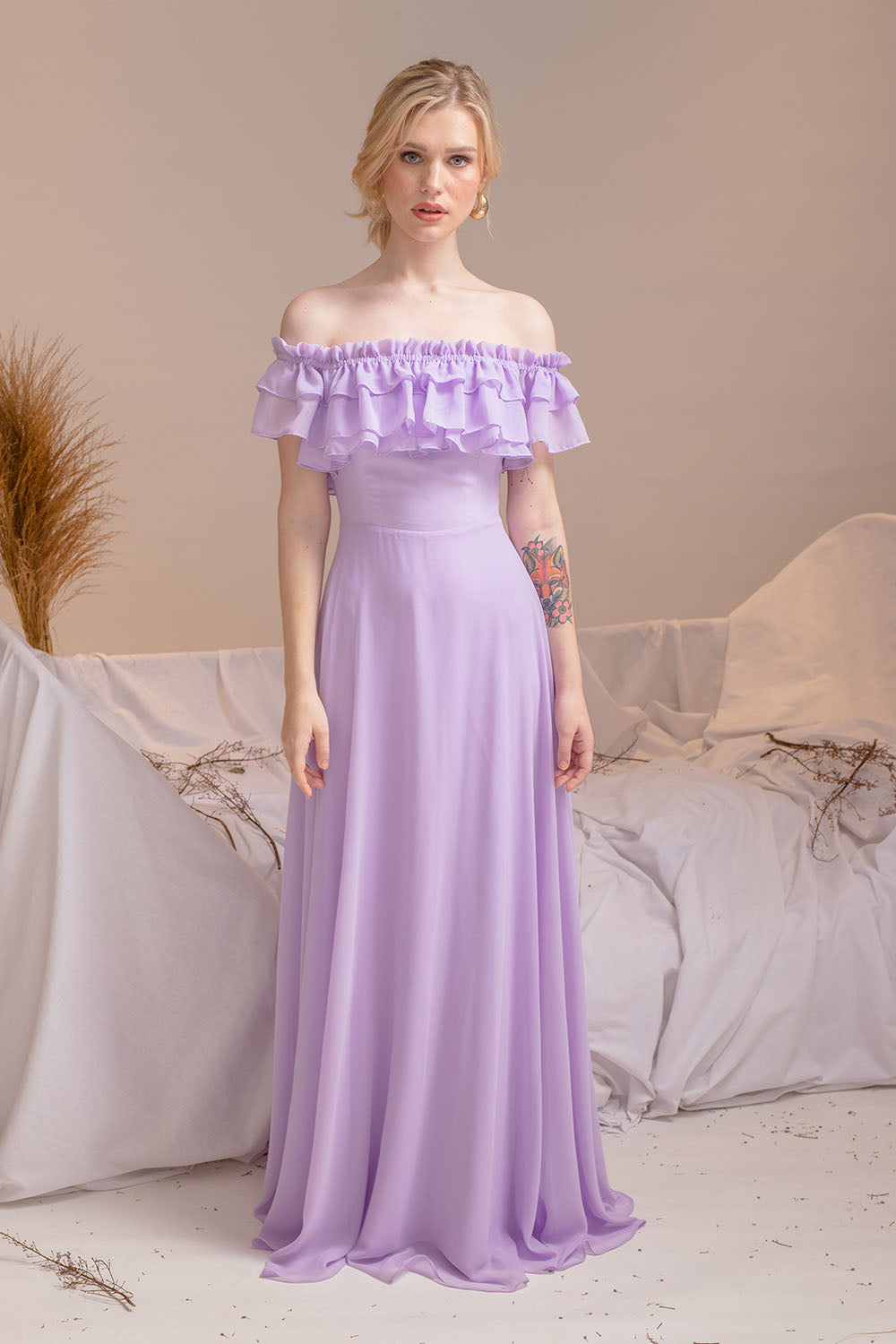 MAGDALENA Two Way Off Shoulder Chiffon Maxi Dress with Layered Ruffle Detail (Lavender Chiffon)