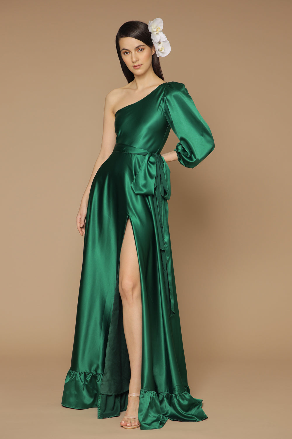 ESMERALDA Asymmetric Puff Sleeve Silk Maxi Dress with Ruffled Hem and Zoo Label ESMERALDA Asymmetric Puff Sleeve Silk Maxi Dress with Ruffled Hem and Zoo Label