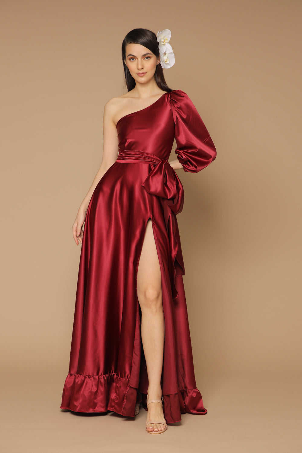 ESMERALDA Asymmetric Puff Sleeve Silk Maxi Dress with Ruffled Hem and Detachable Waist Tie (Maroon Silk)