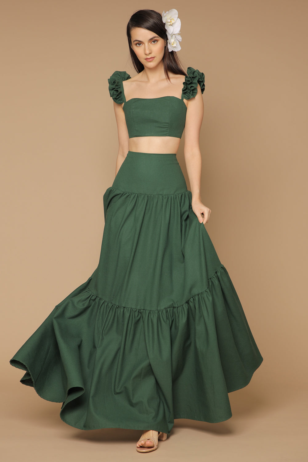 GUADA DRESS Crop Ruffle Top and High Waist Shirred Maxi Skirt (Hunter Green Crepe)