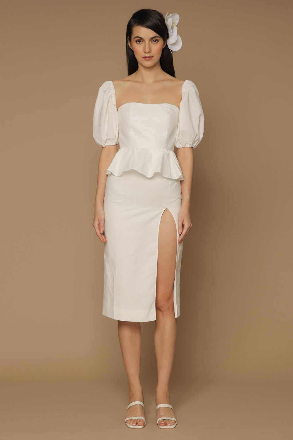 LETICIA Peplum Midi Dress with Semi Puffed Sleeves and Slit (White Linen)