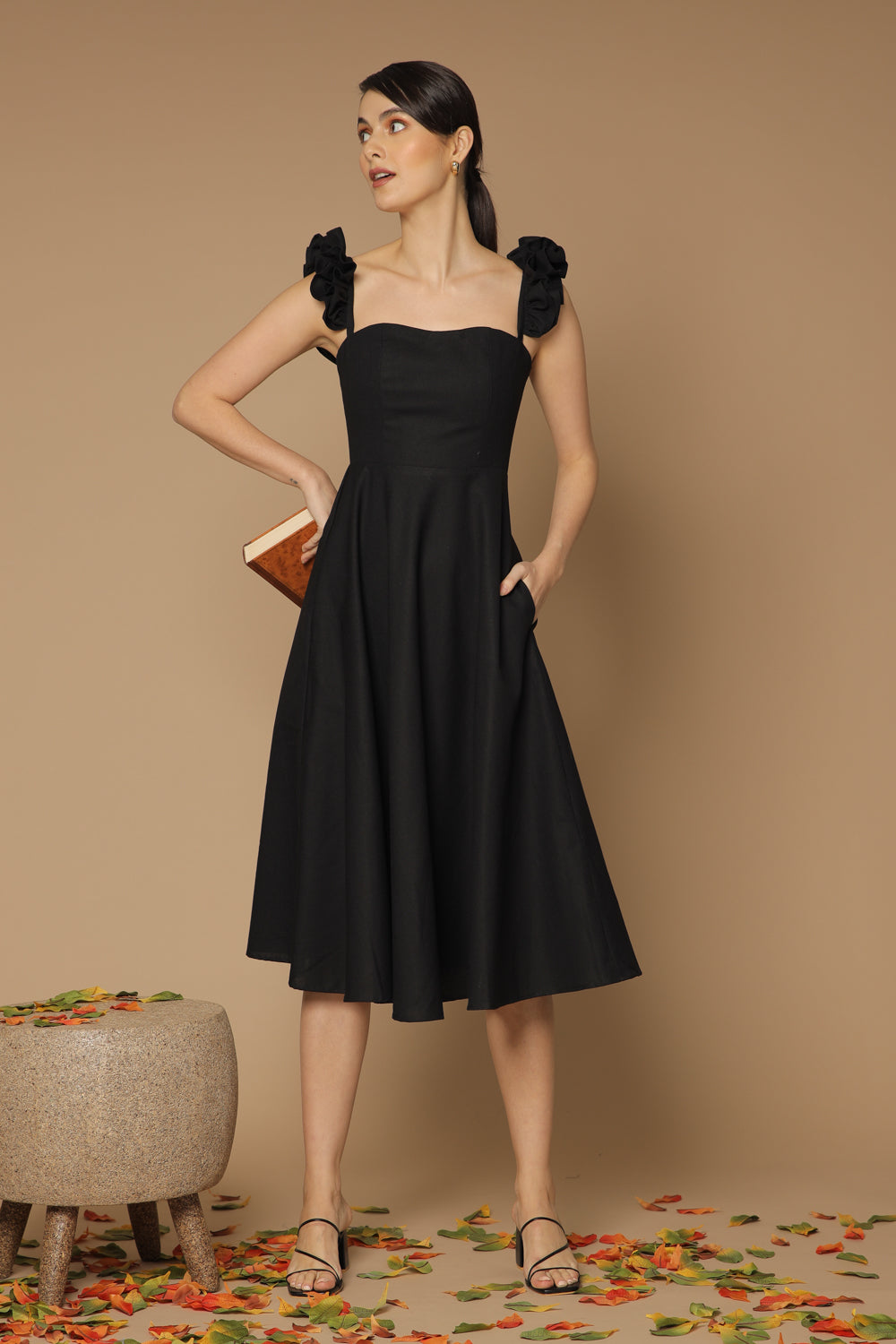 ALONDRA Semi Sweetheart Ruffle Sleeve Midi Dress with Pockets (Black L –  Zoo Label